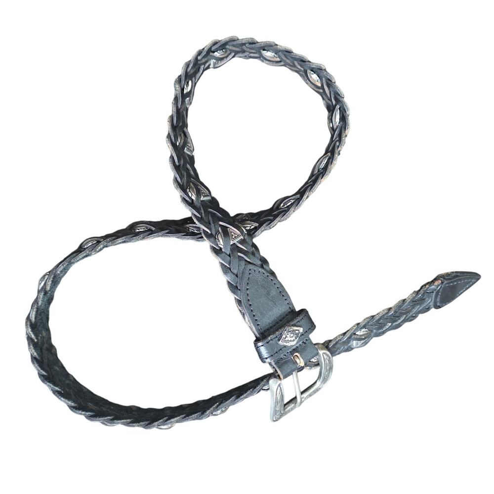 Vintage Unbranded Black Braided Concho Leather Belt sz Medium Retro Boho Western